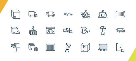 outline delivery and logistics icons set. editable linear transportation, moving, delivery by car, and other 18 icons in this category isolated on transparent background.