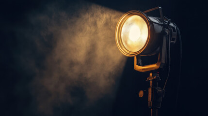 vintage theater spotlight shines brightly, illuminating surrounding smoke with warm glow, creating dramatic atmosphere