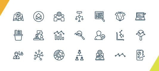 outline business and analytics icons set. editable linear business card, partnership, flow chart, and other 18 icons in this category isolated on transparent background.