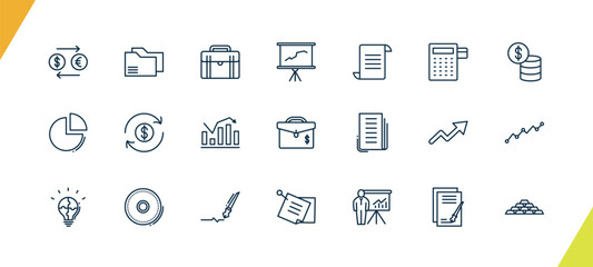 outline business icons set. editable linear two folders, business briefcase, graphic panel, and other 18 icons in this category isolated on transparent background.
