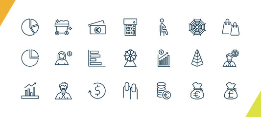 outline business and finance icons set. editable linear mining cart, euro bills, calculator maths tool, and other 18 icons in this category isolated on transparent background.