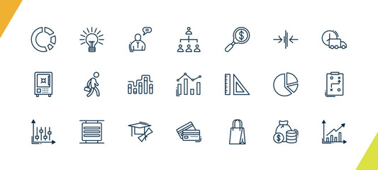 outline business icons set. editable linear round light bulb, man talking, hierarchy structure, and other 18 icons in this category isolated on transparent background.
