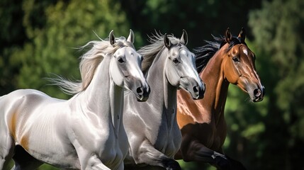 Fototapeta premium A group of horses galloping across a vibrant green meadow