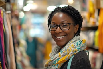 Fototapeta premium A happy woman wearing glasses shops at a store