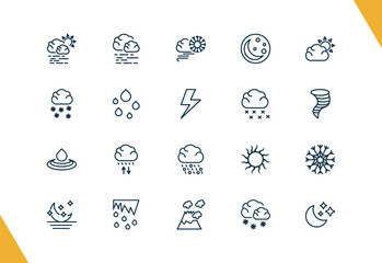 outline weather icons set. editable linear mist, blizzard, first quarter, and other 17 icons in this category isolated on transparent background.