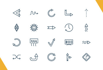 outline user interface icons set. editable linear squiggly arrow, update arrow, down right arrow, and other 17 icons in this category isolated on transparent background.