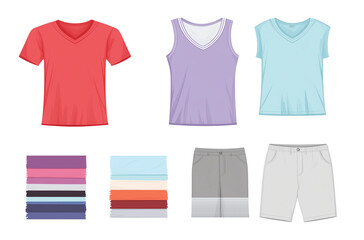 a set of T-shirts and shorts in different colors isolated on a transparent background