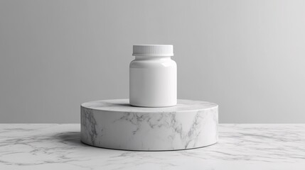 Blank white supplement bottle mockup on a marble podium, minimalistic design ideal for showcasing branding and product labels in a clean, elegant style.