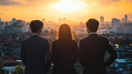 Fototapeta premium Successful young adults standing together, looking at sunset over city skyline, embodying ambition and hope for future
