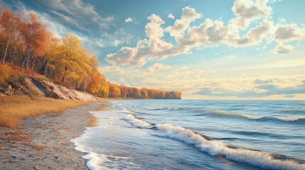 coastal view where the changing seasons are visible as summer waves transition into the cool, clear skies of autumn, leading into the chilly winds of winter