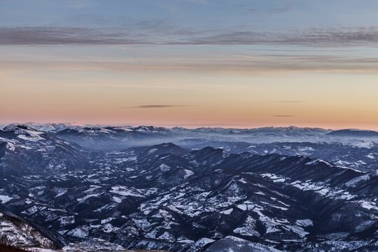 View of the Sibillini Mountains in winter from Mount Nerone, Monte Nerone, at sunset, Apennines, Marche, Italy, Europe