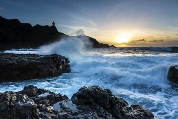 Surf, rocky coast with foaming waves at sunset, Faro de Teno, Buenovista, Tenerife, Canary Islands, Spain, Europe