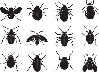 A set of insects silhouettes for flat design. Hand drawn vector illustration
