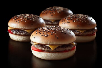 A group of hamburgers arranged neatly on a table, ready for consumption