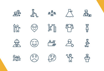 outline people icons set. editable linear man vacuuming, team success, bridesmaids, and other 17 icons in this category isolated on transparent background.