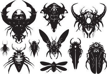 A set of insects silhouettes for flat design. Hand drawn vector illustration