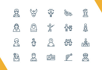 outline people and relation icons set. editable linear devil mask, juggling ball, birth, and other 17 icons in this category isolated on transparent background.