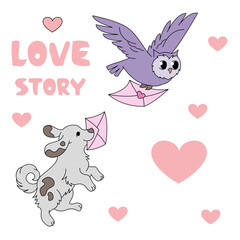 vector composition postcard owl and puppy dogs carry letters with hearts