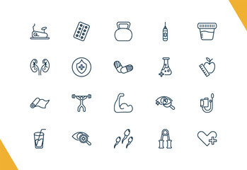 outline health and medical icons set. editable linear medical strip, kettlebell, punching bag, and other 17 icons in this category isolated on transparent background.