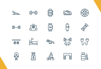outline fitness and gym icons set. editable linear barbell weightlifting, fitness bracelet, trainers, and other 17 icons in this category isolated on transparent background.