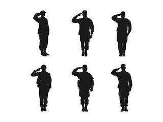 men doing a military salute silhouette. silhouette of a soldier doing a salute. A young man is doing a military salute. Vector on a white background.