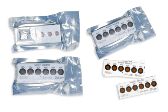 A cobalt-free humidity indicator card designed to monitor moisture levels in sealed packaging. It provides accurate readings from 10% to 60% RH, ensuring product protection against humidity damage