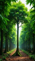 Obraz premium Tall green tree with narrow trunk amidst rows of rubber trees in plantation, branches, tropical, forest