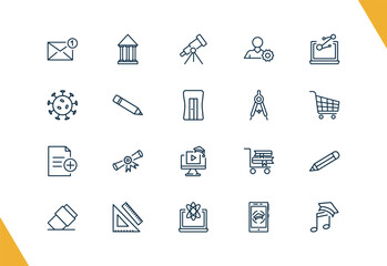 outline education and science icons set. editable linear bank, telescope, users tings, and other 17 icons in this category isolated on transparent background.