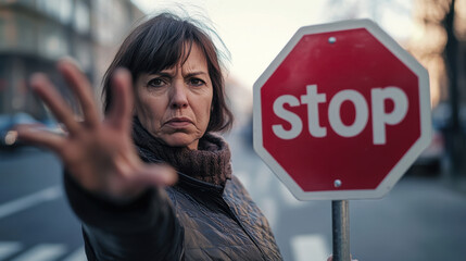woman with serious expression holds stop sign, signaling to halt. urban background adds context to her assertive stance