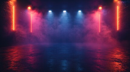 Obraz premium Vibrant neon-lit empty space with colorful smoke and reflections, ideal for events or performances
