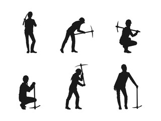 Black Silhouette of a construction Woman with a pickaxe. Construction worker with pickaxe vector silhouette illustration. silhouette of a worker with a pickaxe and shovel. Vector on a white background