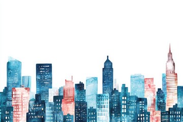 Obraz premium Vibrant Watercolor City Skyline in Blue and Red Hues Featuring Skyscrapers Against a Clean White Background