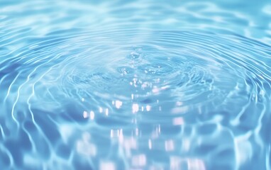 Water surface with droplets and ripples, splashing blue liquid, creating peaceful and inviting atmosphere