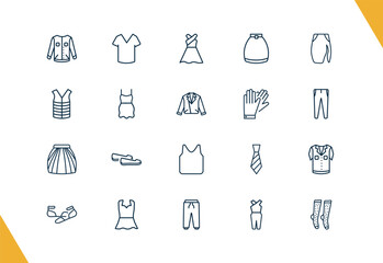 Fototapeta premium outline clothes and outfit icons set. editable linear v neck shirt, long sleeveless dress, circle skirt, and other 17 icons in this category isolated on transparent background.