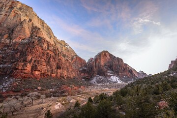 Fototapeta premium View from West Rim Trail to the mountain Deer Trap, Zion Canyon at sunset, in winter, mountain landscape, near The Grotto, Zion National Park, Utah, USA, North America