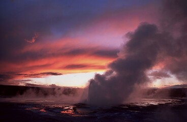 Dusk at Clepsydra Geyser, Fountain Pot area, Yellowstone national park, Wyoming, USA, North America