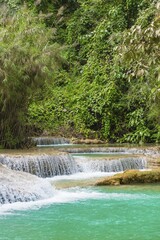 Naklejka premium Small waterfalls, cascades, Tat Kuang Si waterfalls, Luang Prabang, Laos, Asia