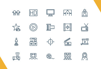 outline cinema and theater icons set. editable linear hd, flat tv, cinema curtains, and other 17 icons in this category isolated on transparent background.