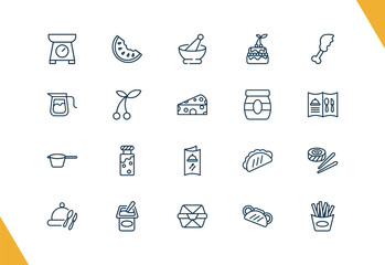 outline restaurant icons set. editable linear watermellon slice, mortar with e, decorated cake, and other 17 icons in this category isolated on transparent background.