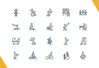outline behavior and action icons set. editable linear man on wheelchair, stick man running, presentation whiteboard, and other 17 icons in this category isolated on transparent background.