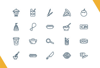 outline restaurant icons set. editable linear open tin with spoon, two brochettes, pepperoni pizza slice, and other 17 icons in this category isolated on transparent background.