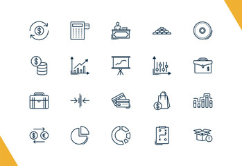 outline business icons set. editable linear reader, director desk, stack of gold, and other 17 icons in this category isolated on transparent background.
