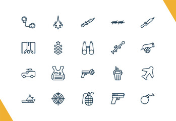 outline military and war and icons set. editable linear fighter plane, combat knife, barbed, and other 17 icons in this category isolated on transparent background.