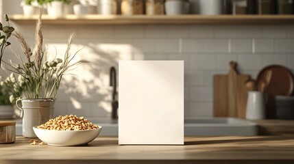 Mockup of a cereal box with a blank front panel, placed in a kitchen setting with a bowl of cereal and milk beside it, perfect for branding and design.