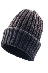 A close-up shot of a knitted beanie on a white background