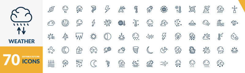 outline weather icons set. editable linear convergence, thundersnow, typhoon, and other 67 icons in this category isolated on transparent background.