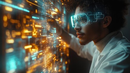 A young man wearing futuristic glasses interacts with a digital interface, looking at a screen of glowing data.