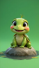 Fototapeta premium Adorable 3D Render of a Baby Turtle Sitting on a Rock in a Pond