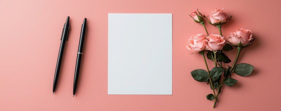 Elegant mockup template with pink roses and blank paper layout - Powered by Adobe