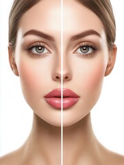 people, cosmetology, plastic surgery and beauty concept - beautiful young woman face before and after lips augmentation injection over white background